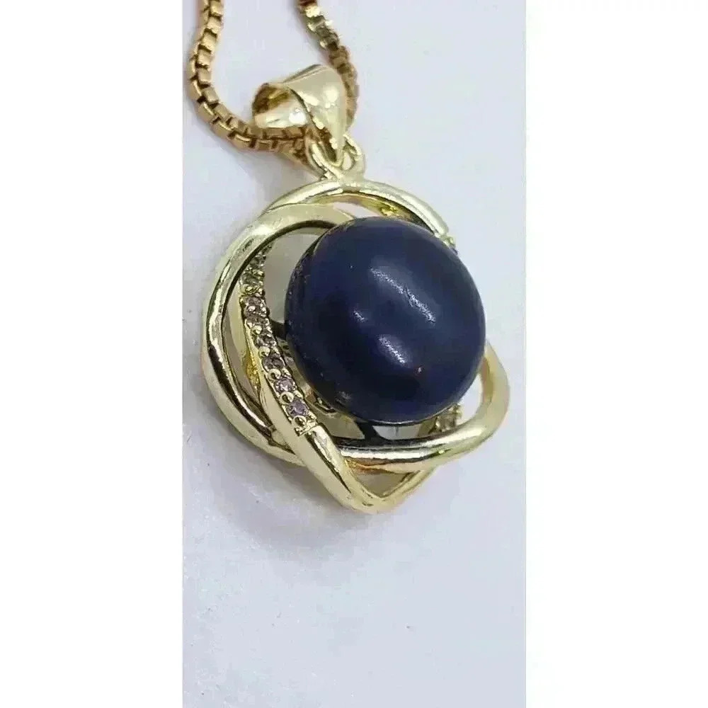 Large Black Pearl Necklace 18K Gold GP Genuine Pendant CZ Accent Box Chain - Picture 2 of 10
